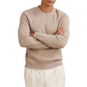 REISS Crammond Brushed Rib Knit Crew Neck Sweater Beige Size Medium